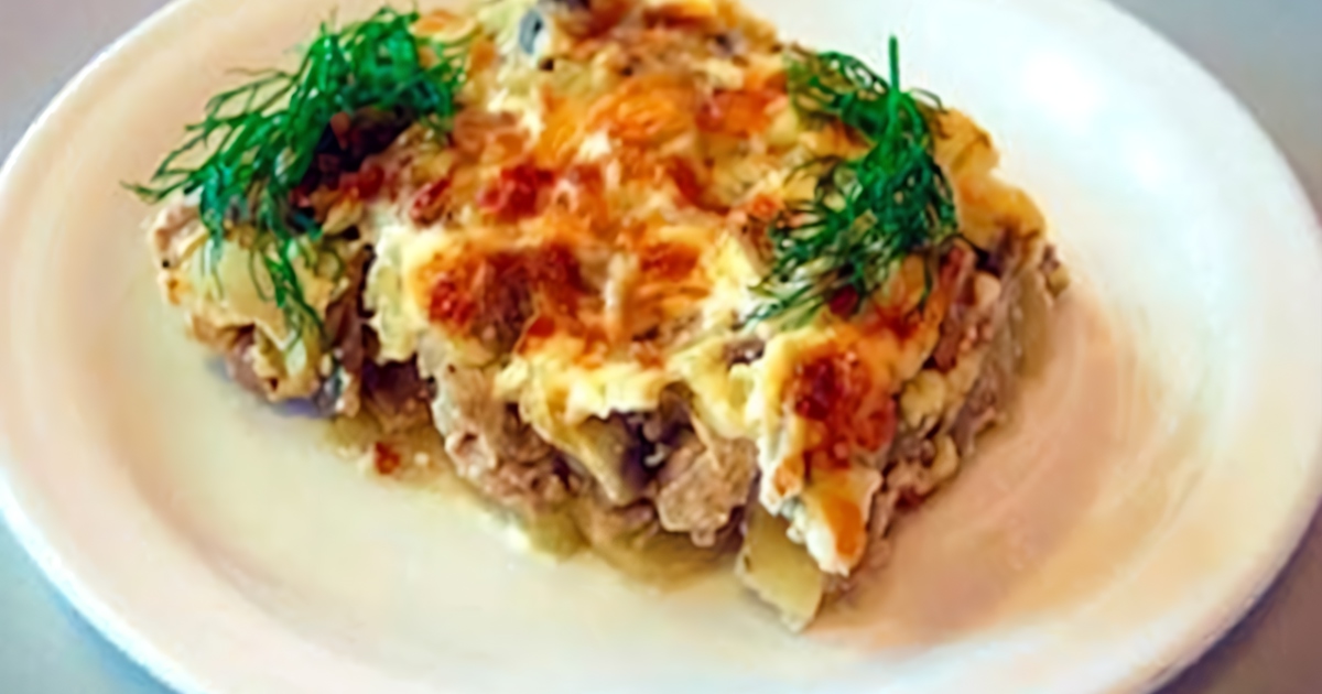 Рецепт мяса по-французски с картошкой и грибами на 6 порций
