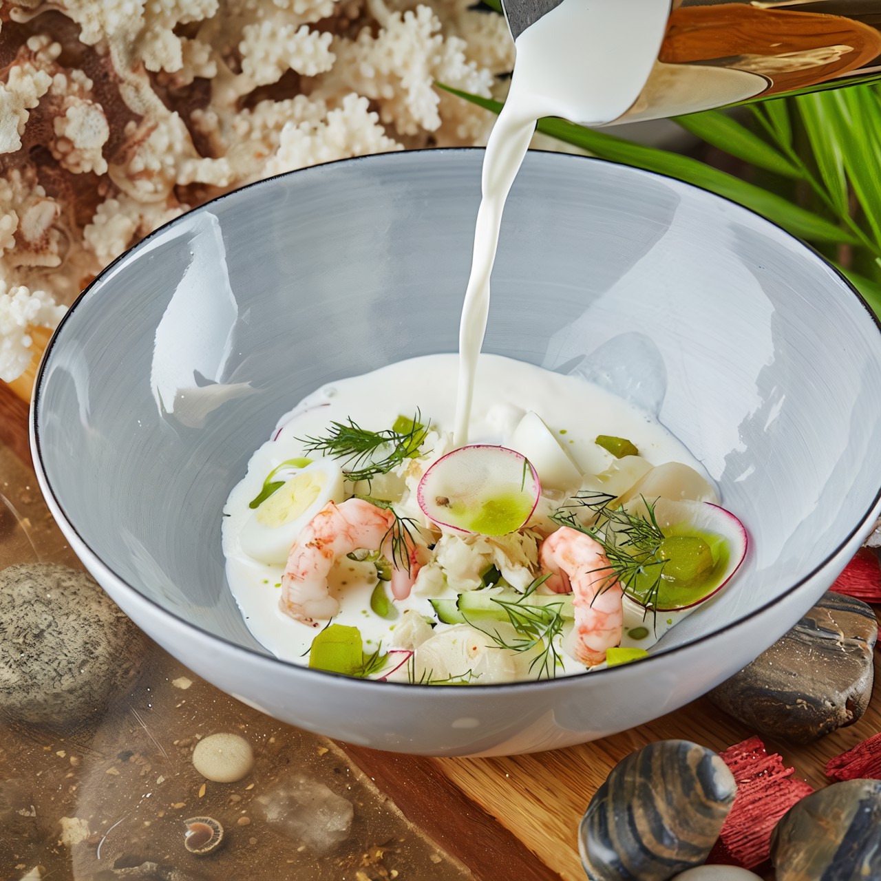 Белая окрошка с морепродуктами, копченой треской и овощами
