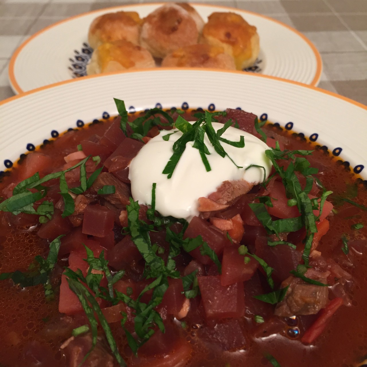 Борщ с курицей, говядиной и языком по-домашнему