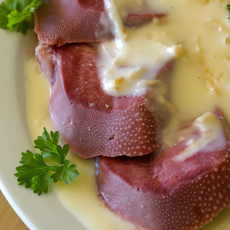 Язык под белым соусом с изюмом