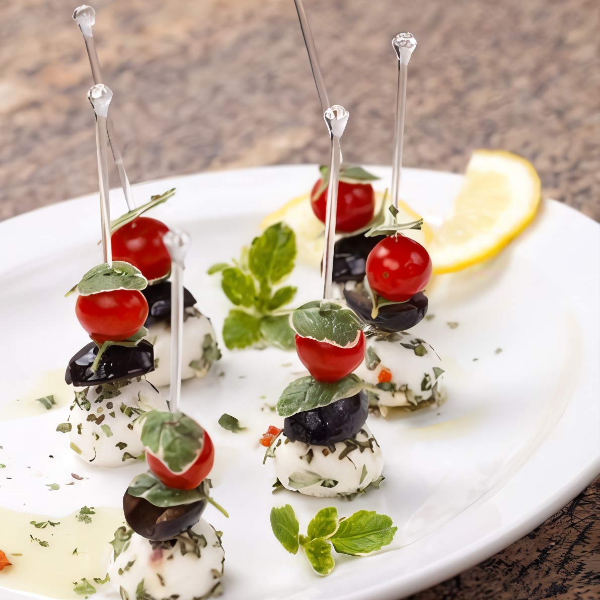 Канапе с маринованной в цитрусовом соке и фенхеле фетой, оливками и мятой