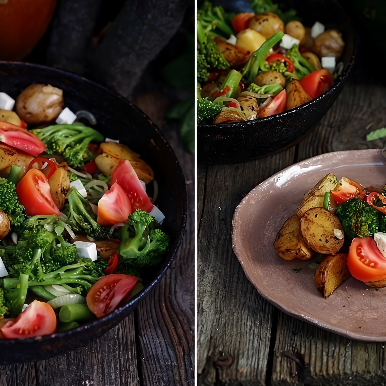 Картофельный салат с брокколи, томатами и сыром фета