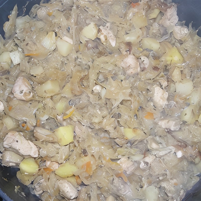 Картошка, тушеная с квашеной капустой и курицей