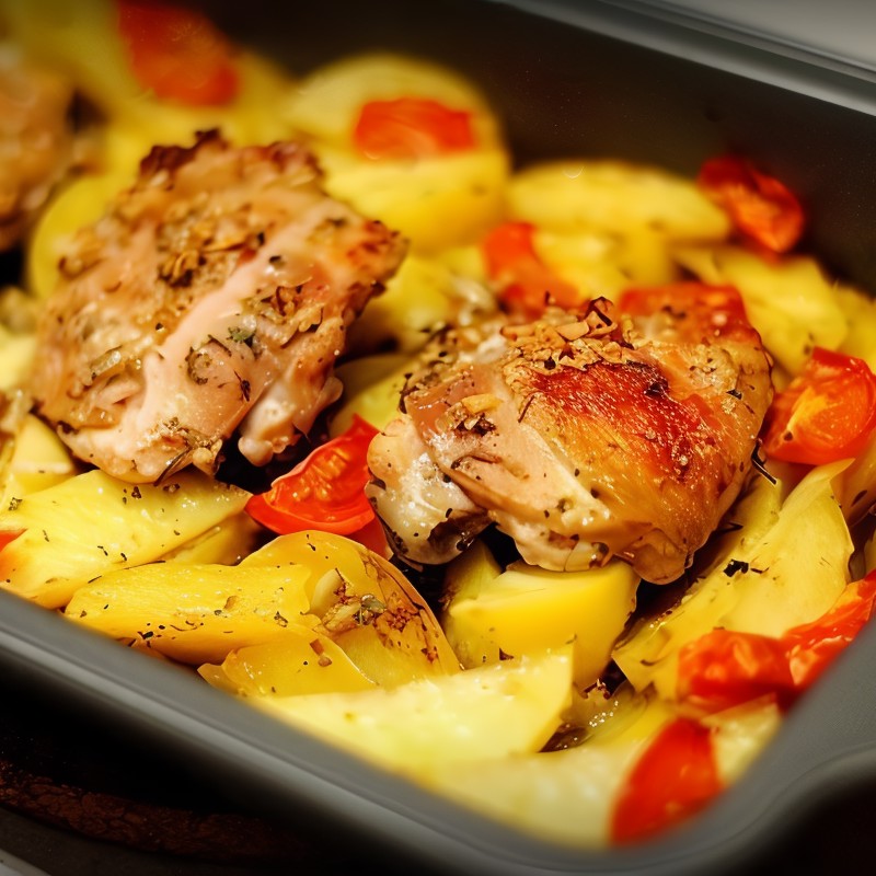 Курица с картофелем, запеченная в кефире с чесноком и травами