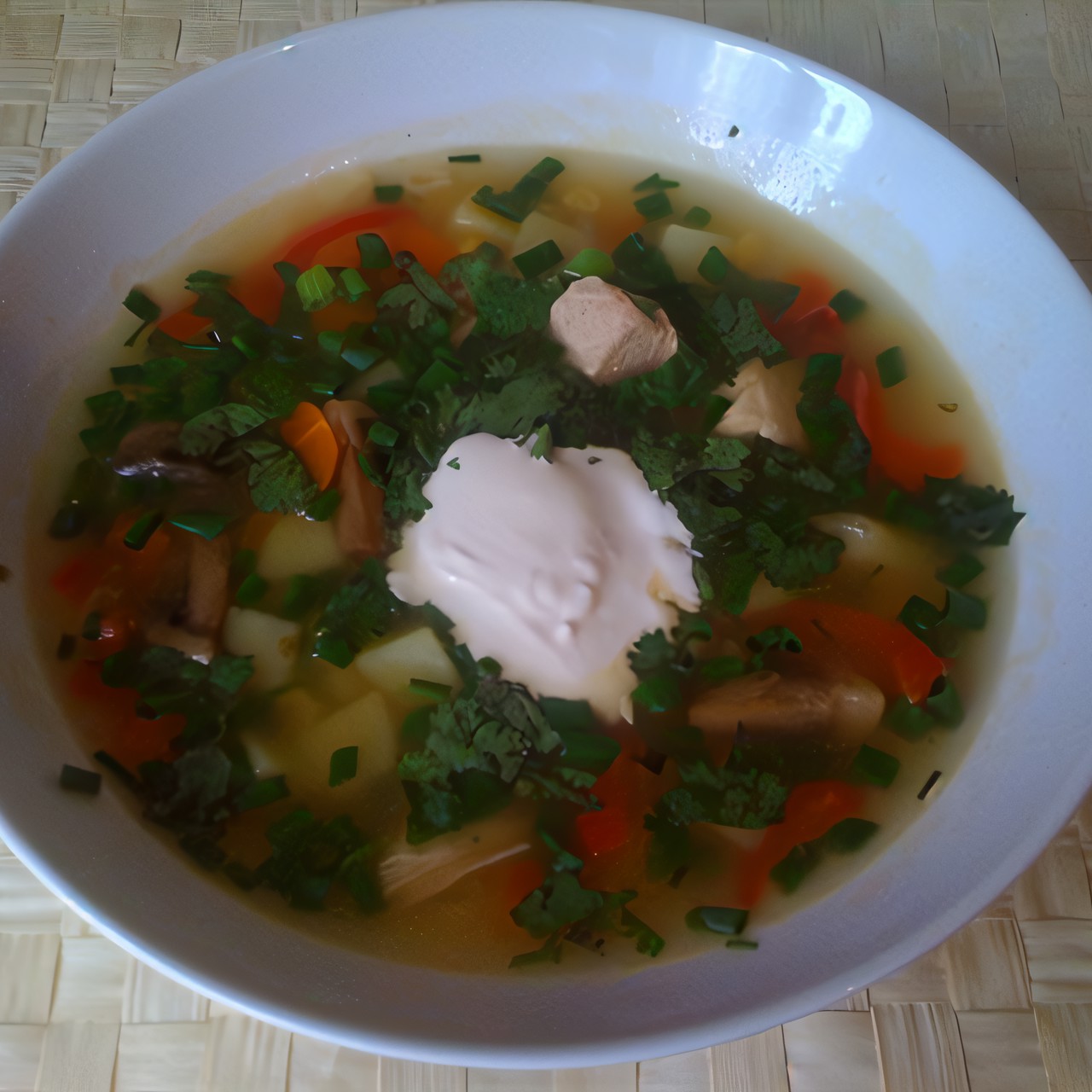 Куриный суп с грибами, красным перцем и кукурузой