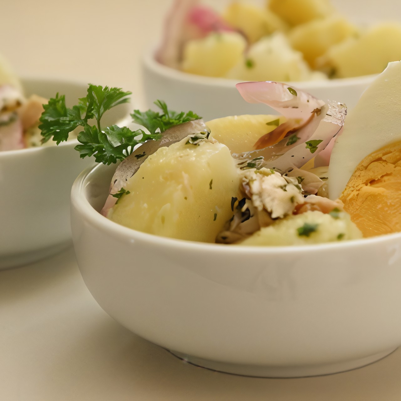 Мясной салат с маринованным луком