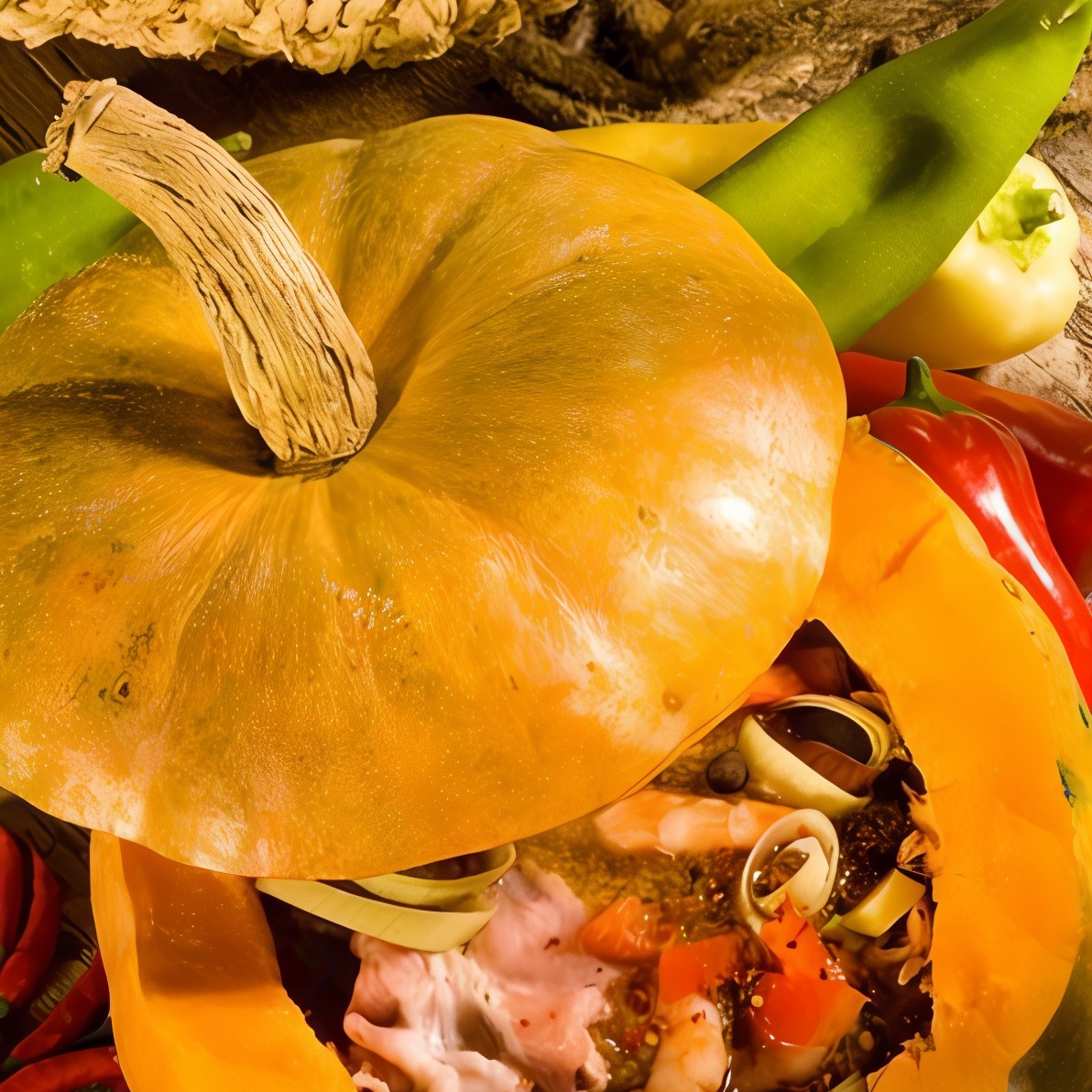 Печеная тыква с тушеным мясом