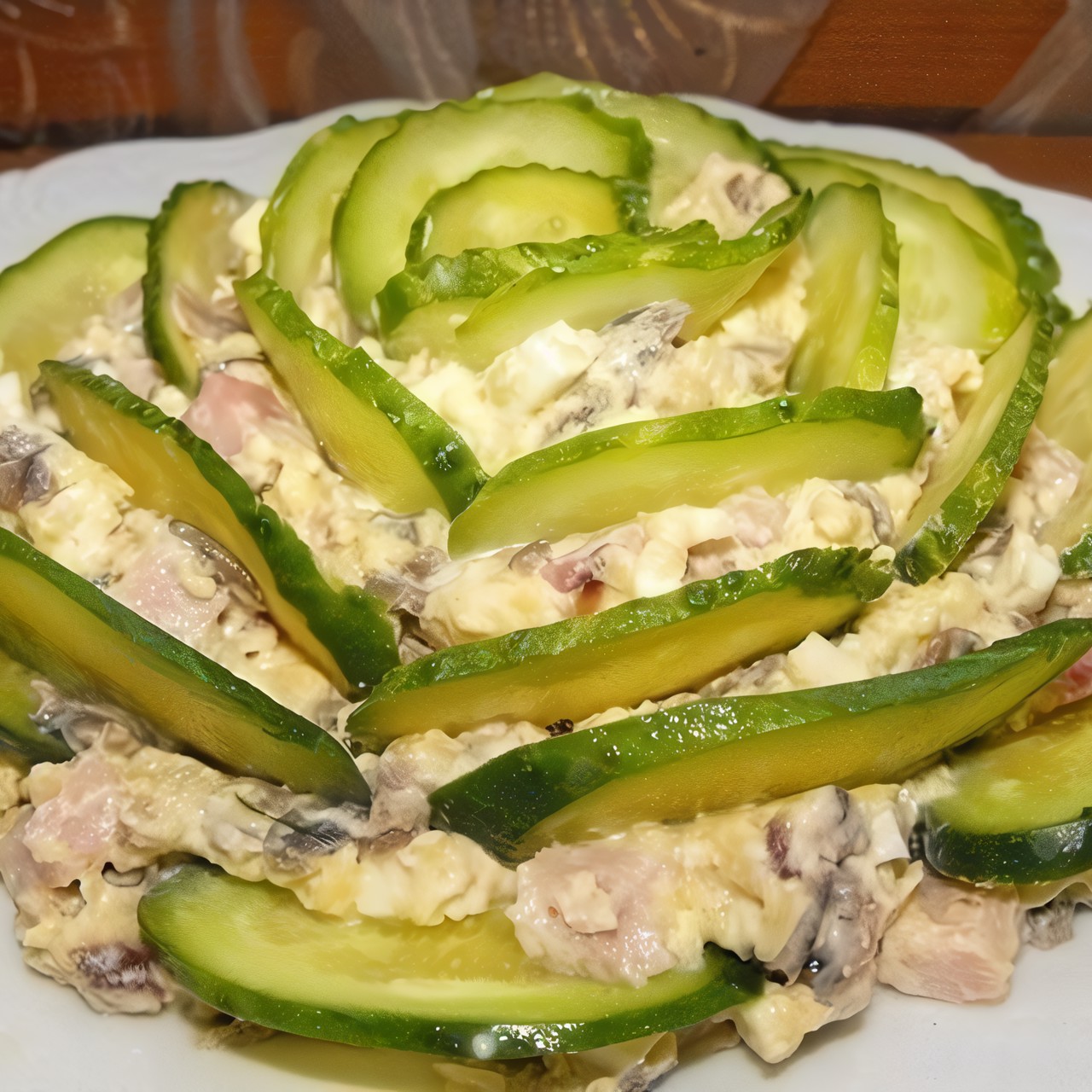 Салат с ветчиной, грибами и огурцами