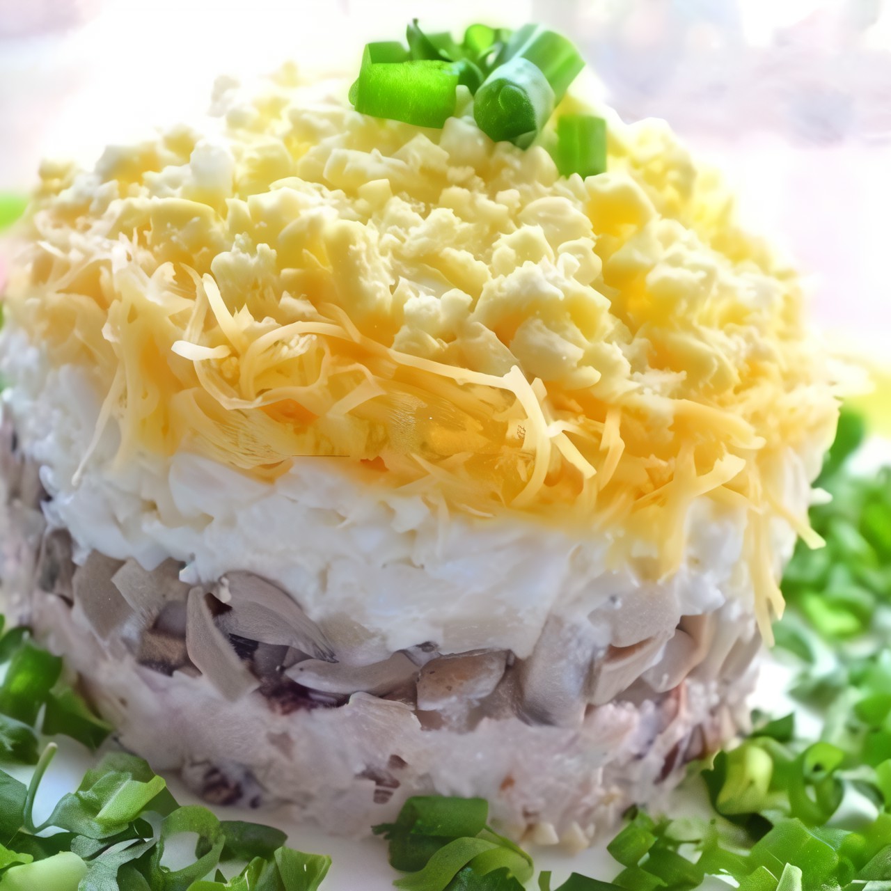 Слоеный салат с копченой курицей и грибами