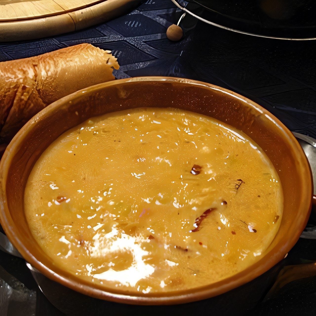 Сырный суп-пюре с гренками, луком и зеленью