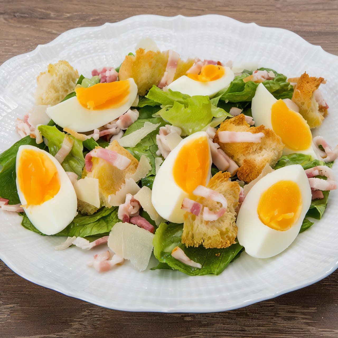 Теплый салат с яйцом и беконом