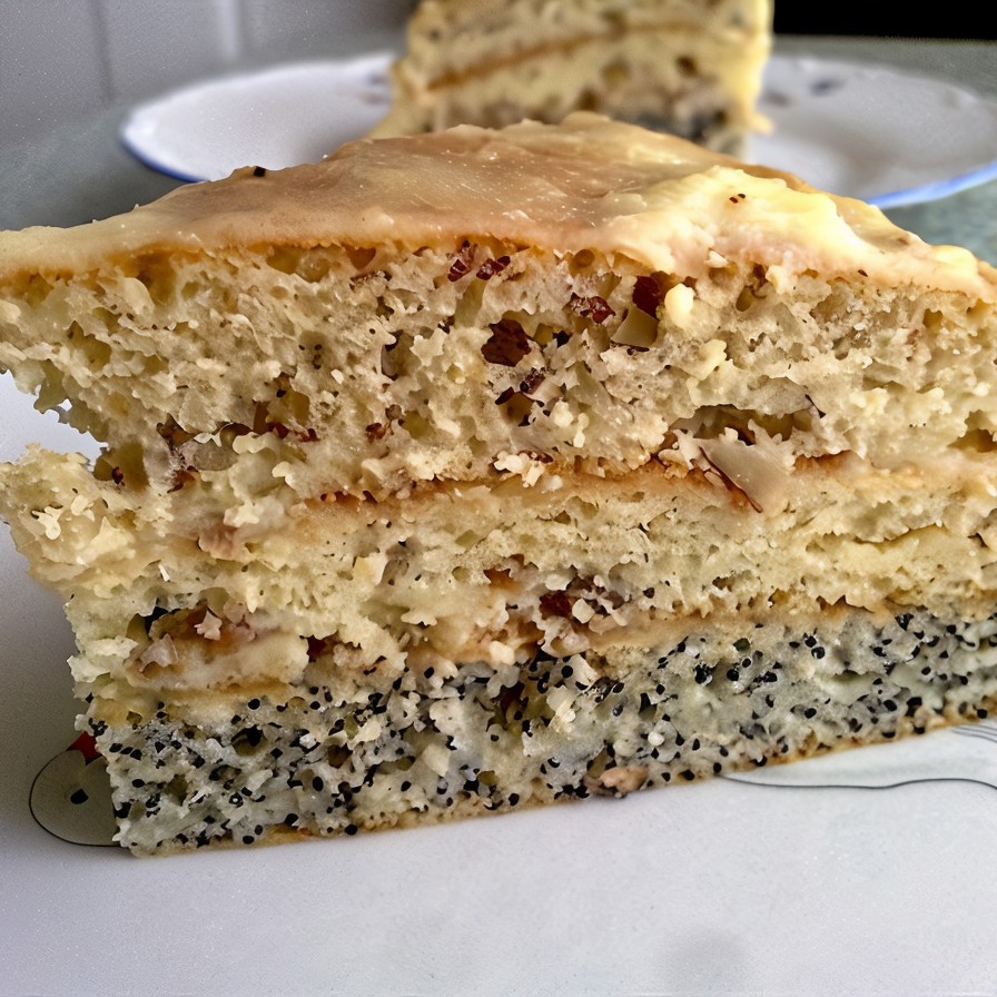 Трехслойный торт с орехами, изюмом и маком