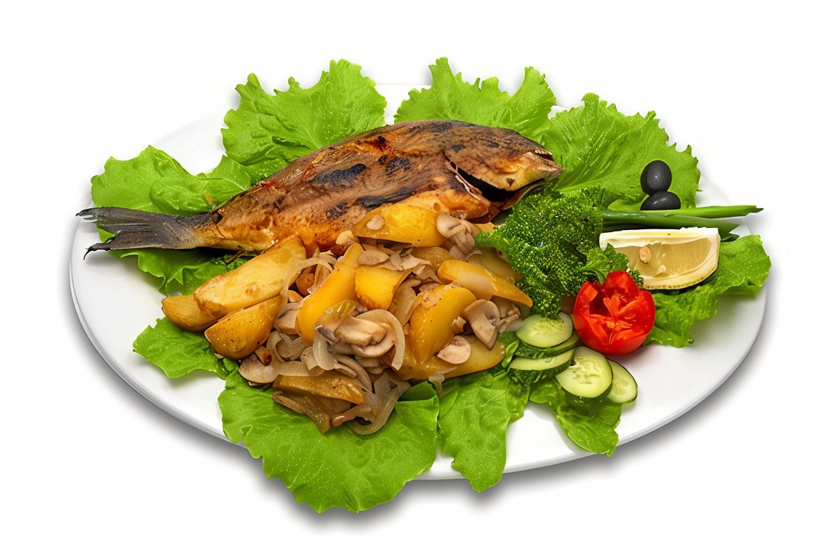 Дорада, запеченая с картофелем, петрушкой, чесноком и пекорино