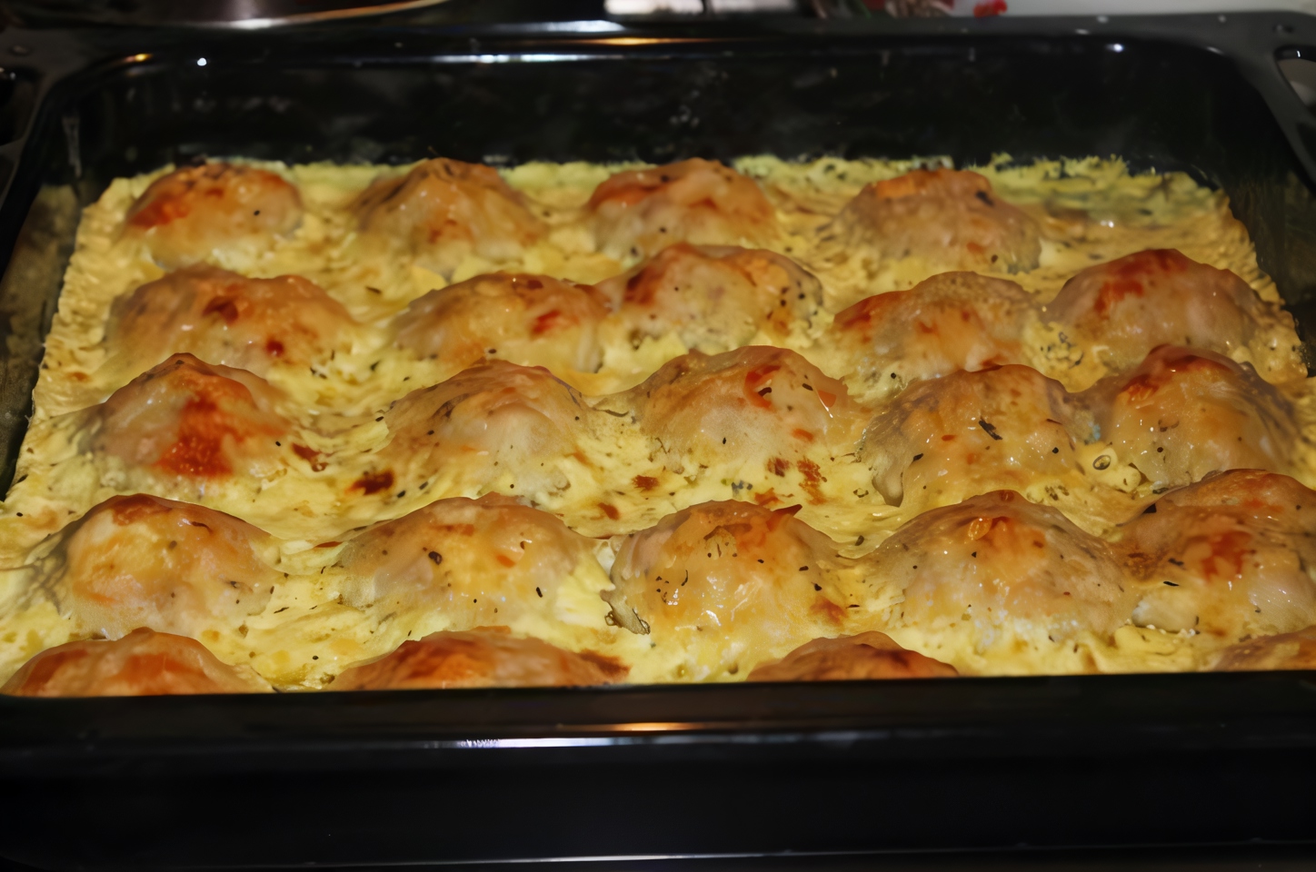 Куриные шарики с картофелем под сметаной с сыром