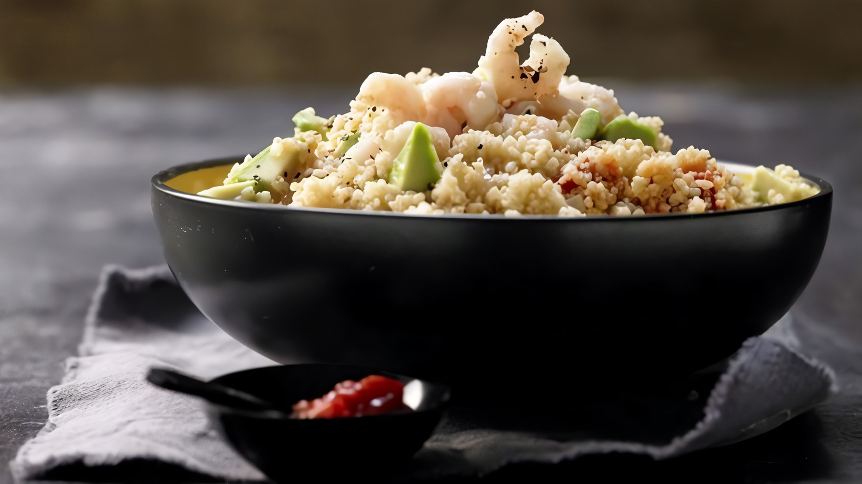 Острый салат с кускусом, креветками и авокадо
