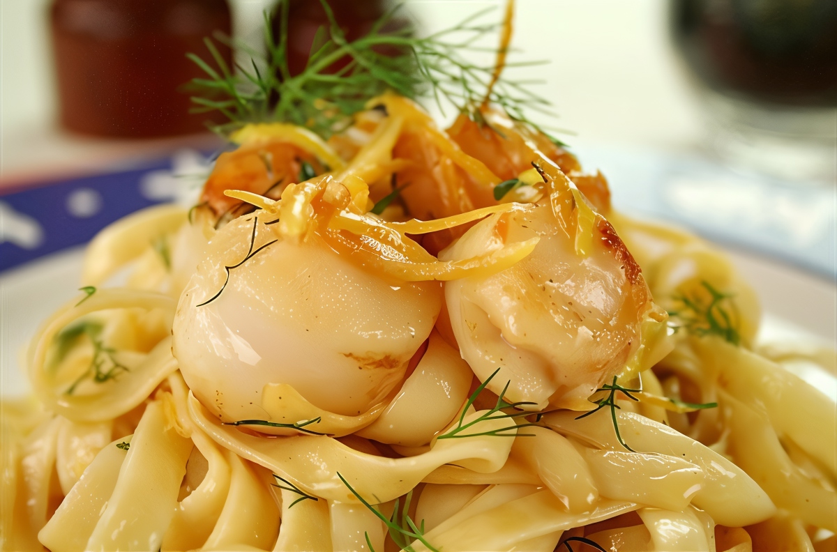 Паста с чесноком, гребешками и рукколой