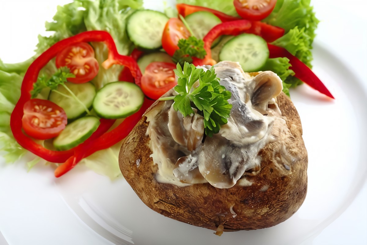 Печеный картофель со сливочным соусом из грибов, бекона и зеленого перца