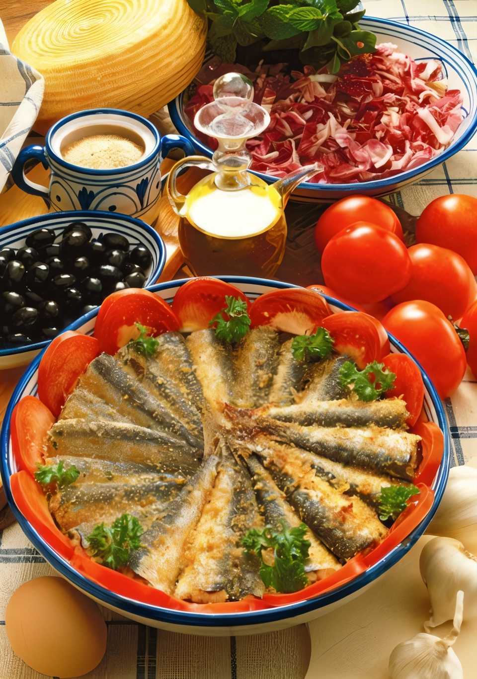 Сардины, запеченные с белым вином и панировочными сухарями