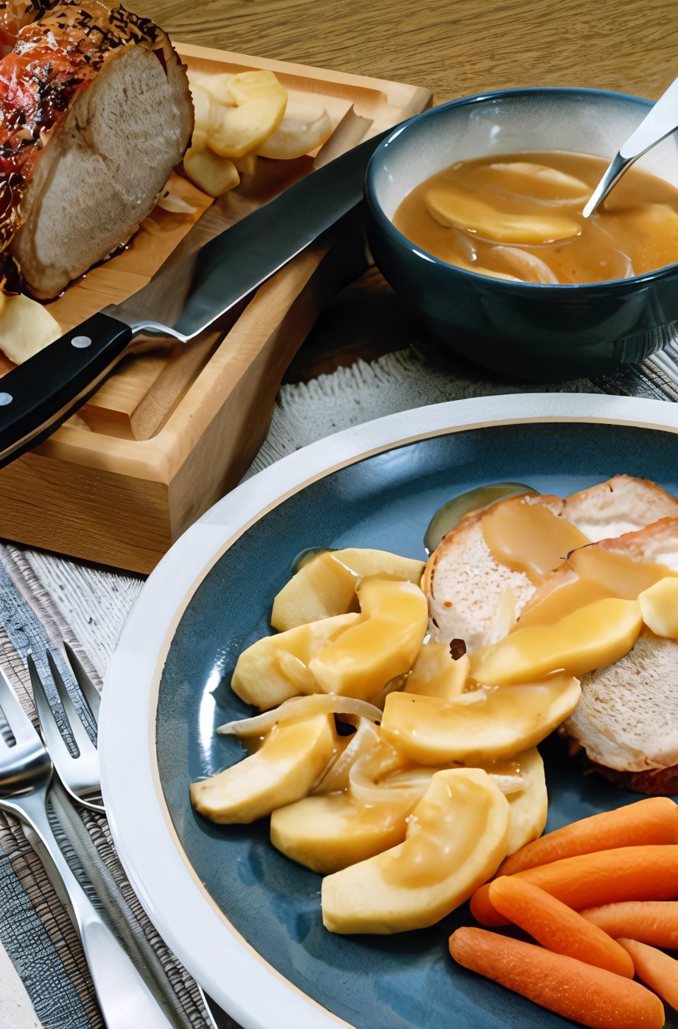 Свинина с пассерованными яблоками, сидром и корицей