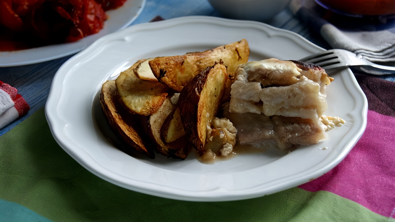 Пангасиус запеченный с яблоками и корицей в сливках