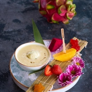 Холодный суп из саго с манго и желе из фруктов