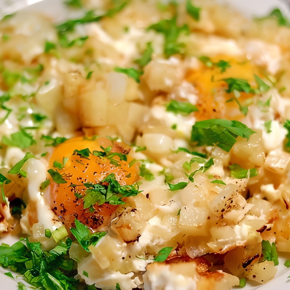 Жареная картошка с яйцами и сыром