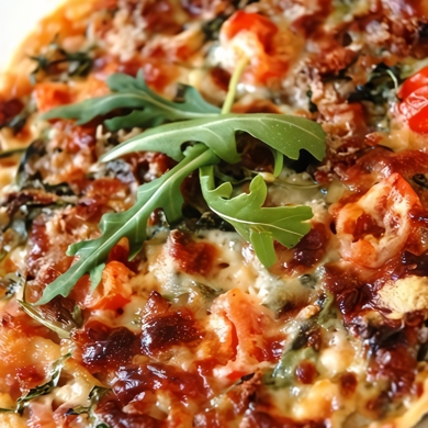 Деревенская пицца с зеленой фасолью, луком пореем, беконом и сыром Грюйер