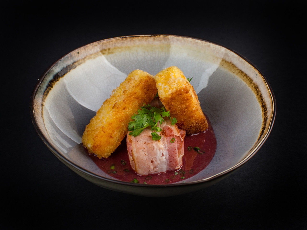 Watermelon Wrapped in Bacon with Crispy Sulguni and Red Sauce