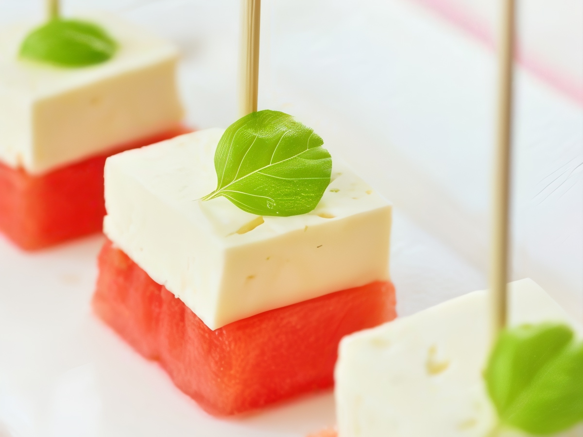 Watermelon Canapés with Cheese and Mint
