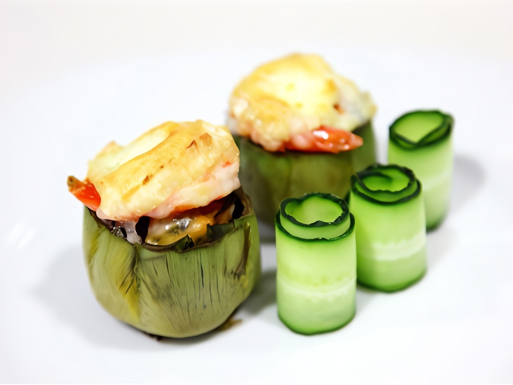 Stuffed Artichokes with Mussels and Shrimp, Topped with Goat Cheese