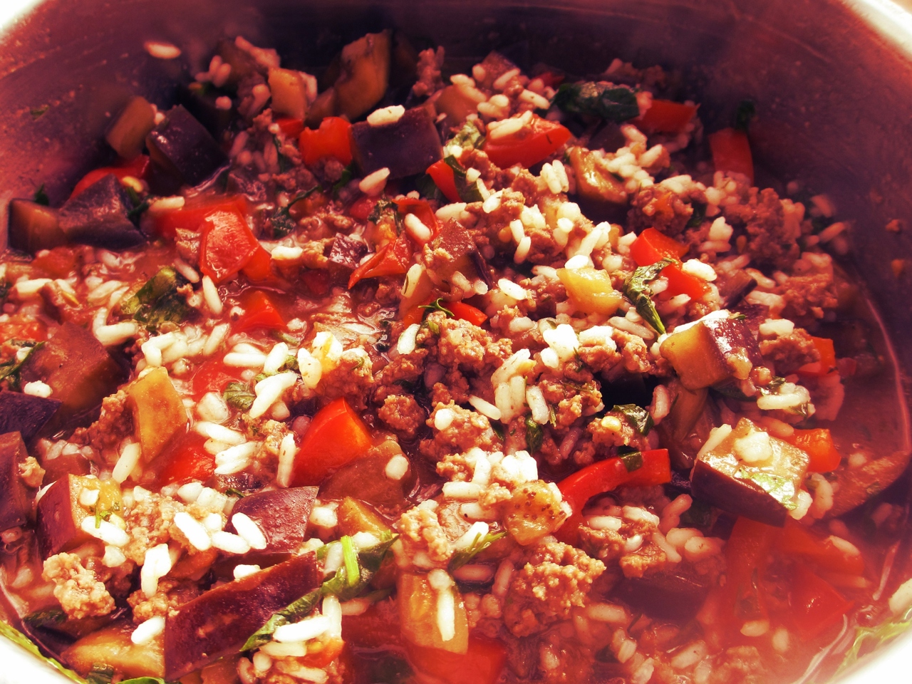 Eggplants Stewed with Minced Meat and Rice