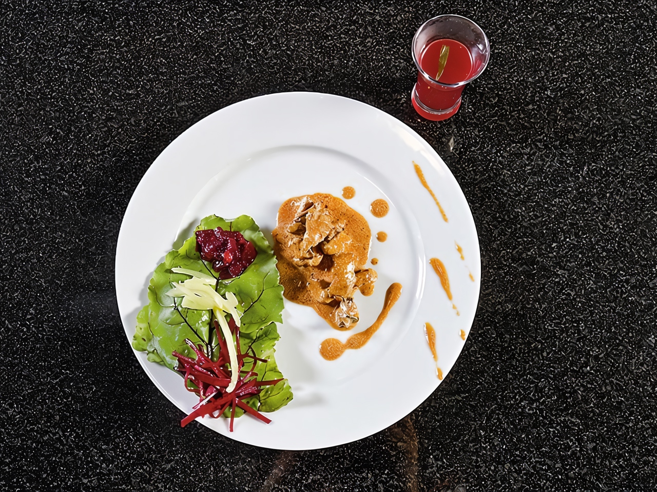 Beef Stroganoff with Beet and Strawberry Garnish