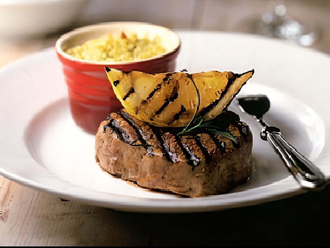 Grilled Beef Steak with Baked Lentils