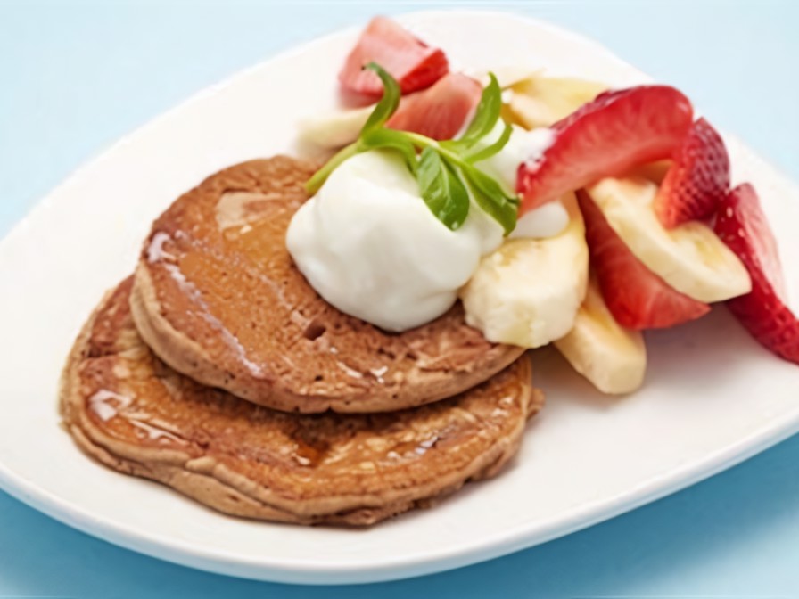 Spelt Flour Pancakes with Fresh Fruits and Natural Yogurt