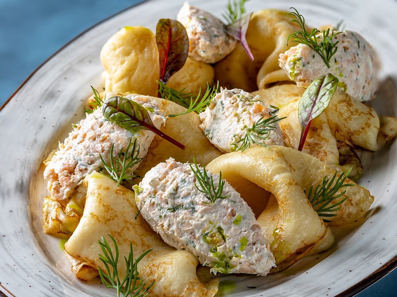 Pancakes with Salmon Rillettes and Homemade Cheese