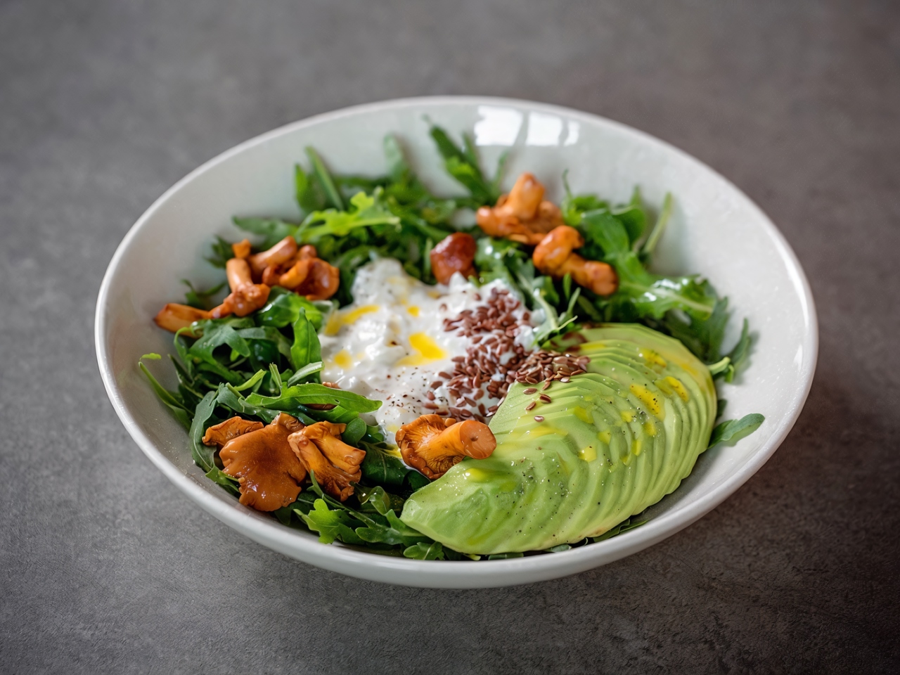Bowl with Chanterelles, Avocado, and Flax Seeds