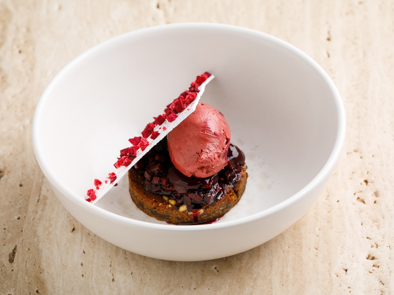 Brownies with Chocolate-Beet Ganache and Black Currant Sauce