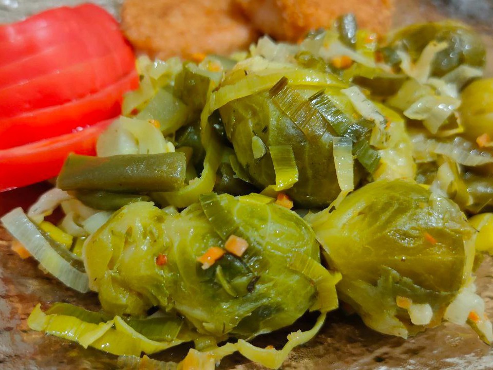 Braised Brussels Sprouts with Leeks, Green Beans, and Pickles