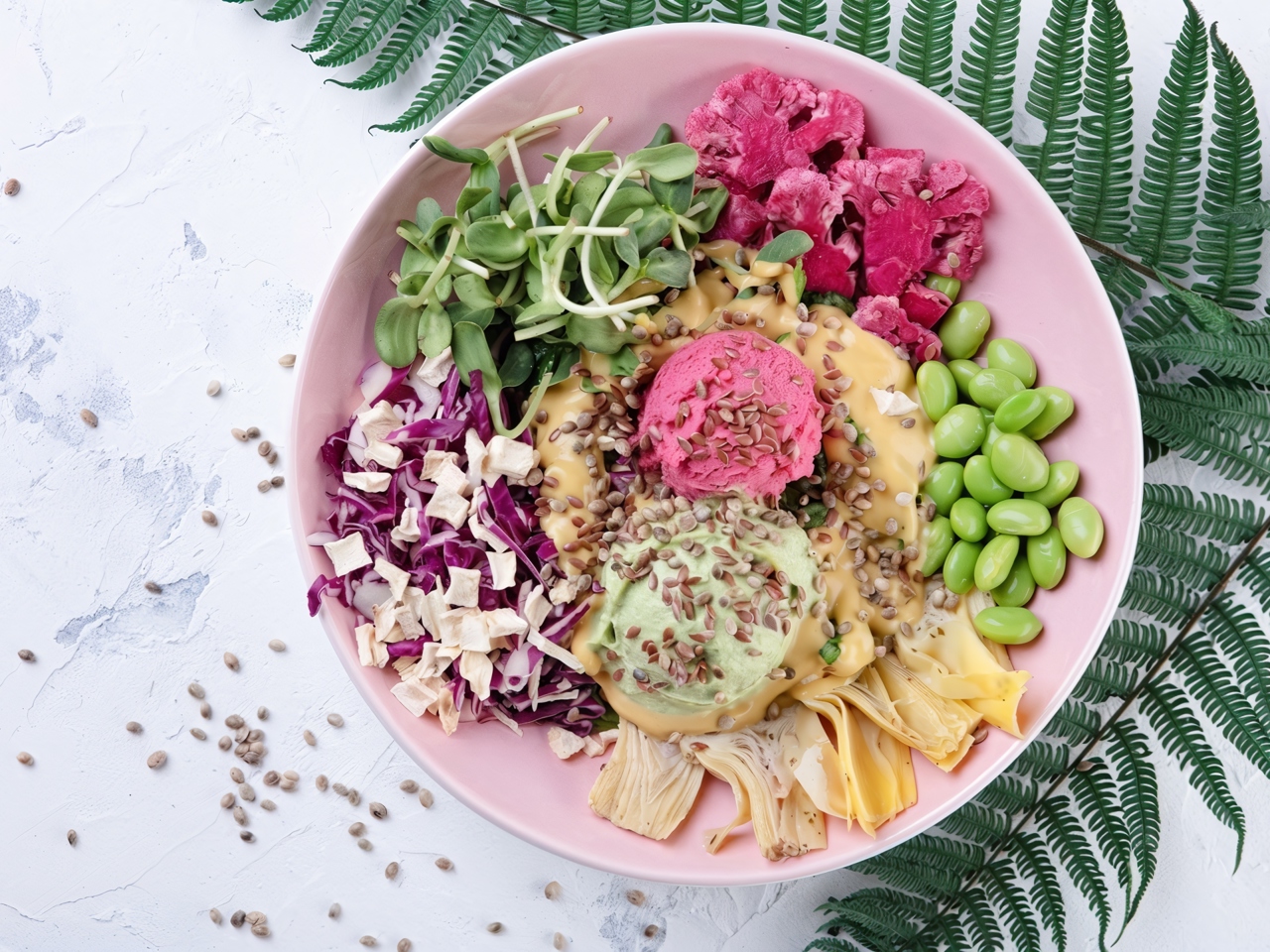 Buddha Bowl with Artichokes, Red Cabbage, and Hummus