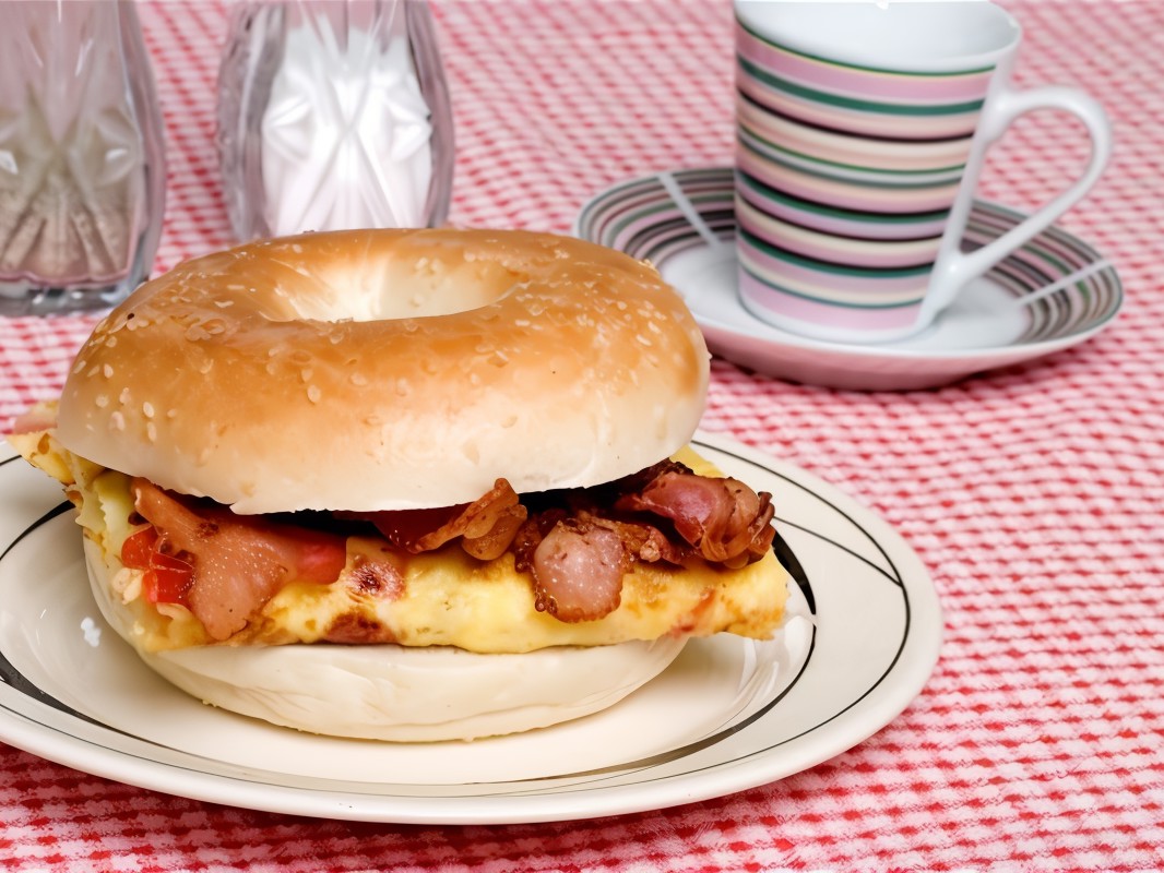 Buns with Onion Omelet, Bacon, and Roasted Red Pepper