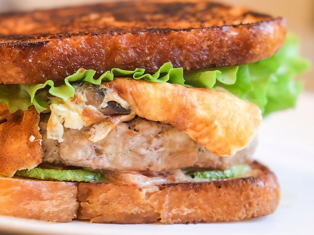 Burger on Toasted Bread with Zucchini, Mushroom Omelet, and Homemade Mayonnaise Dressing