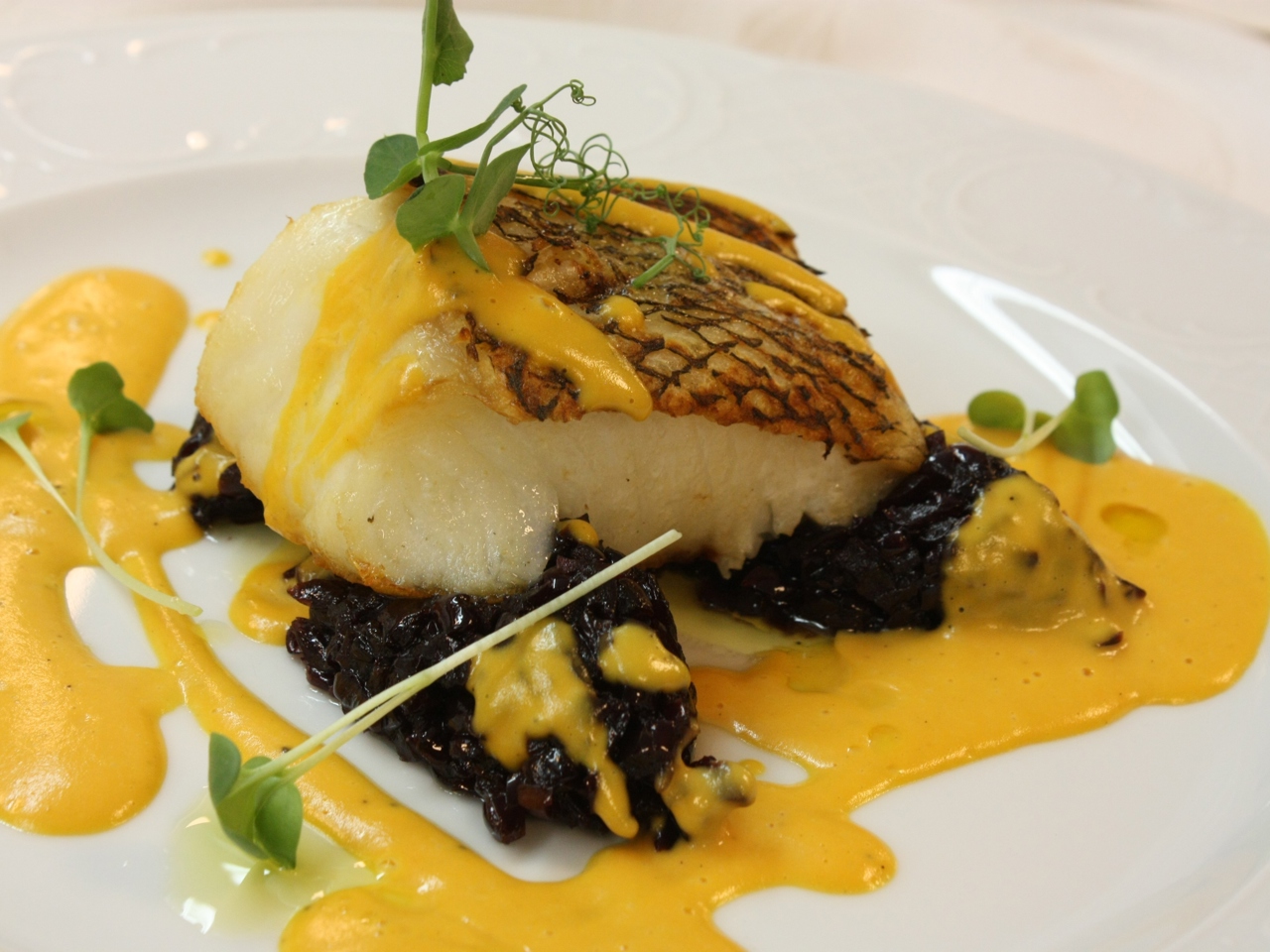 Chilean Sea Bass with Onion Marmalade and Spicy Sweet Potato Sauce