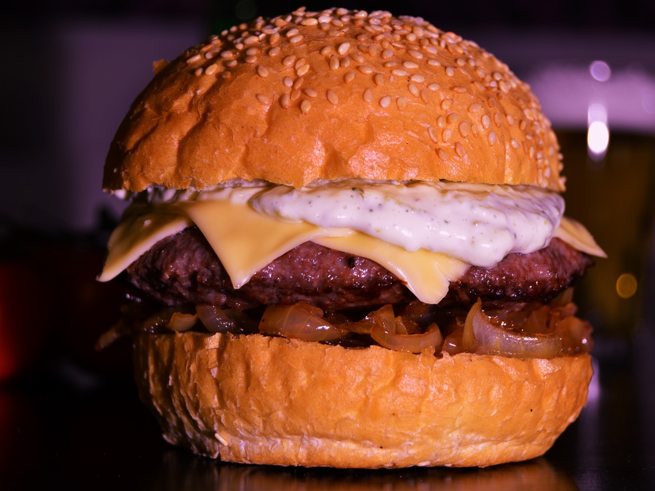 Cheeseburger with Caramelized Onions, Balsamic Vinegar, and Tartar Sauce