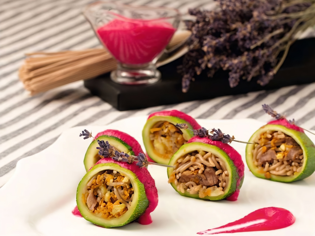 Zucchini Stuffed with Soba Noodles and Beef in Beet Sauce