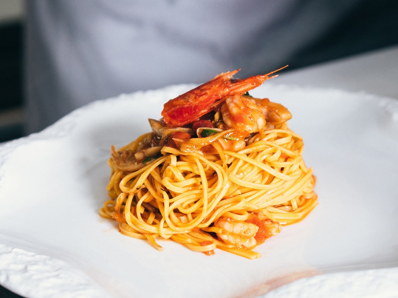 Homemade Tagliolini with Arrabbiata Sauce, Artichokes, and Red Sicilian Shrimp