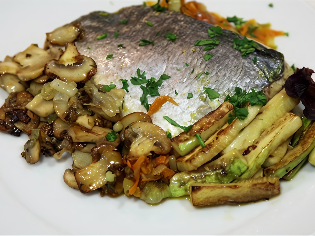 Dorado Baked on a Vegetable Bed in a Paper Envelope