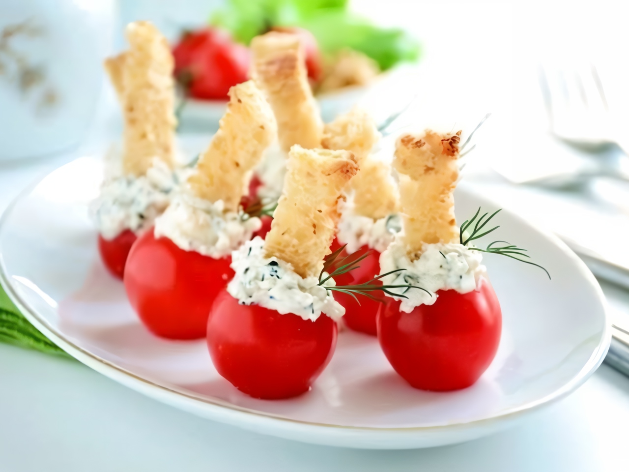 Stuffed Cherry Tomatoes with Garlic Croutons