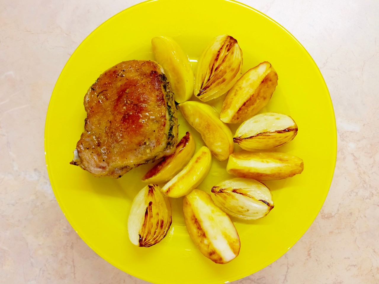 Stuffed Pork Chops with Apple and Onion Garnish