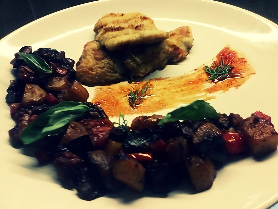 Cod Fillet with Glazed Vegetables Flambé