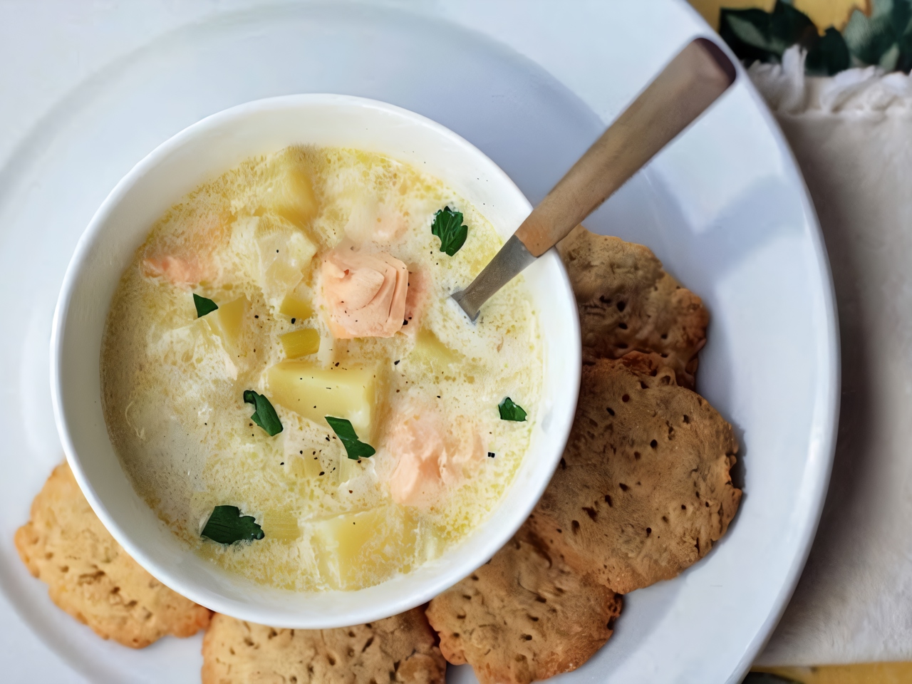 Суп с красной рыбой, томатами и сливками